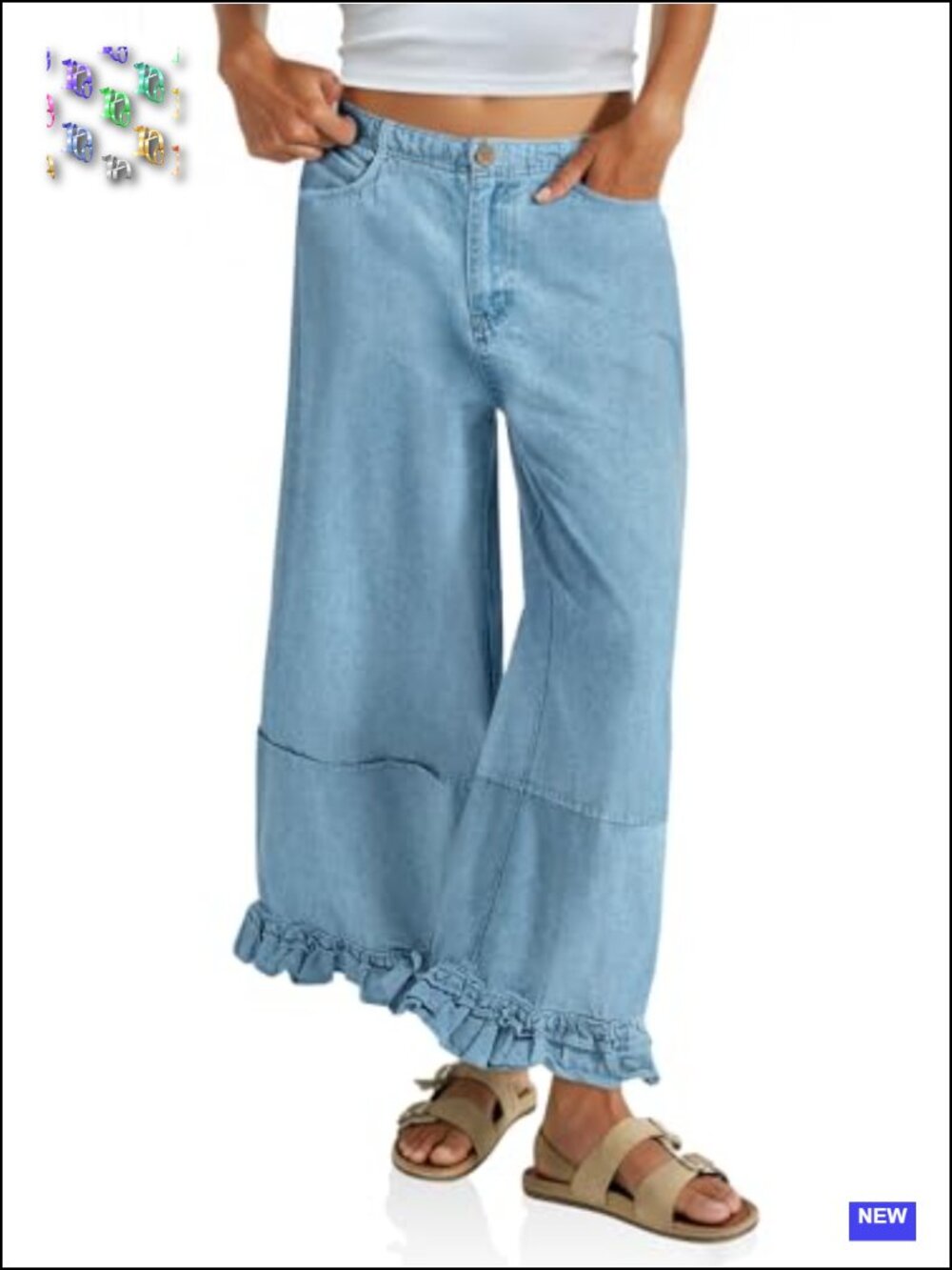Ruffle Wide Leg Cropped Jeans High Waisted Baggy Denim Pants Side Pockets